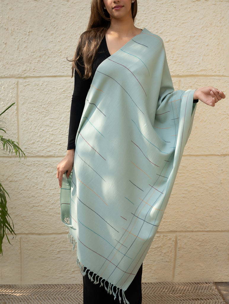 Light & Warm Merino Wool Kinnauri Stole - Cool Mist Link