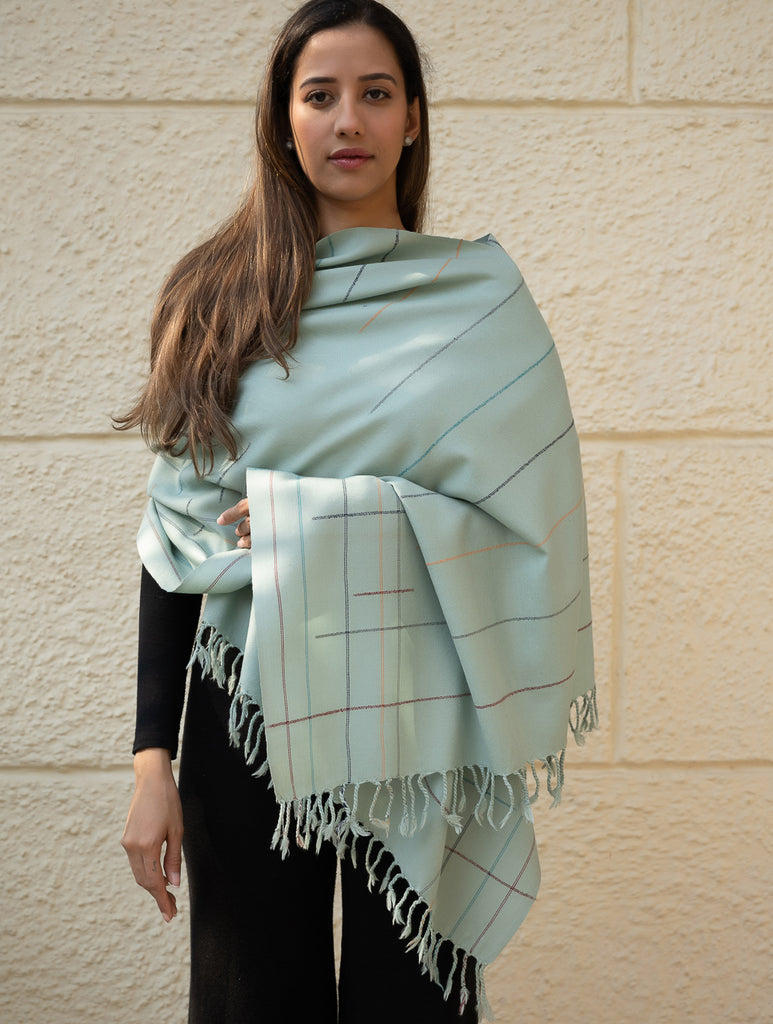 Light & Warm Merino Wool Kinnauri Stole - Cool Mist Link