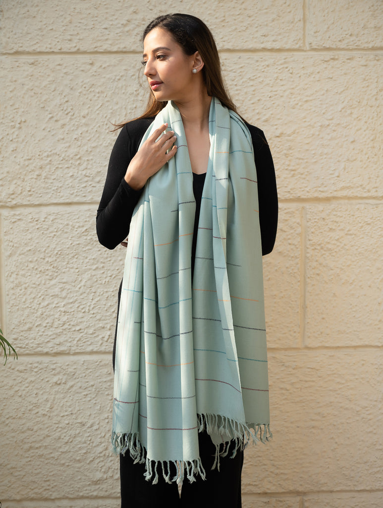 Light & Warm Merino Wool Kinnauri Stole - Cool Mist Link