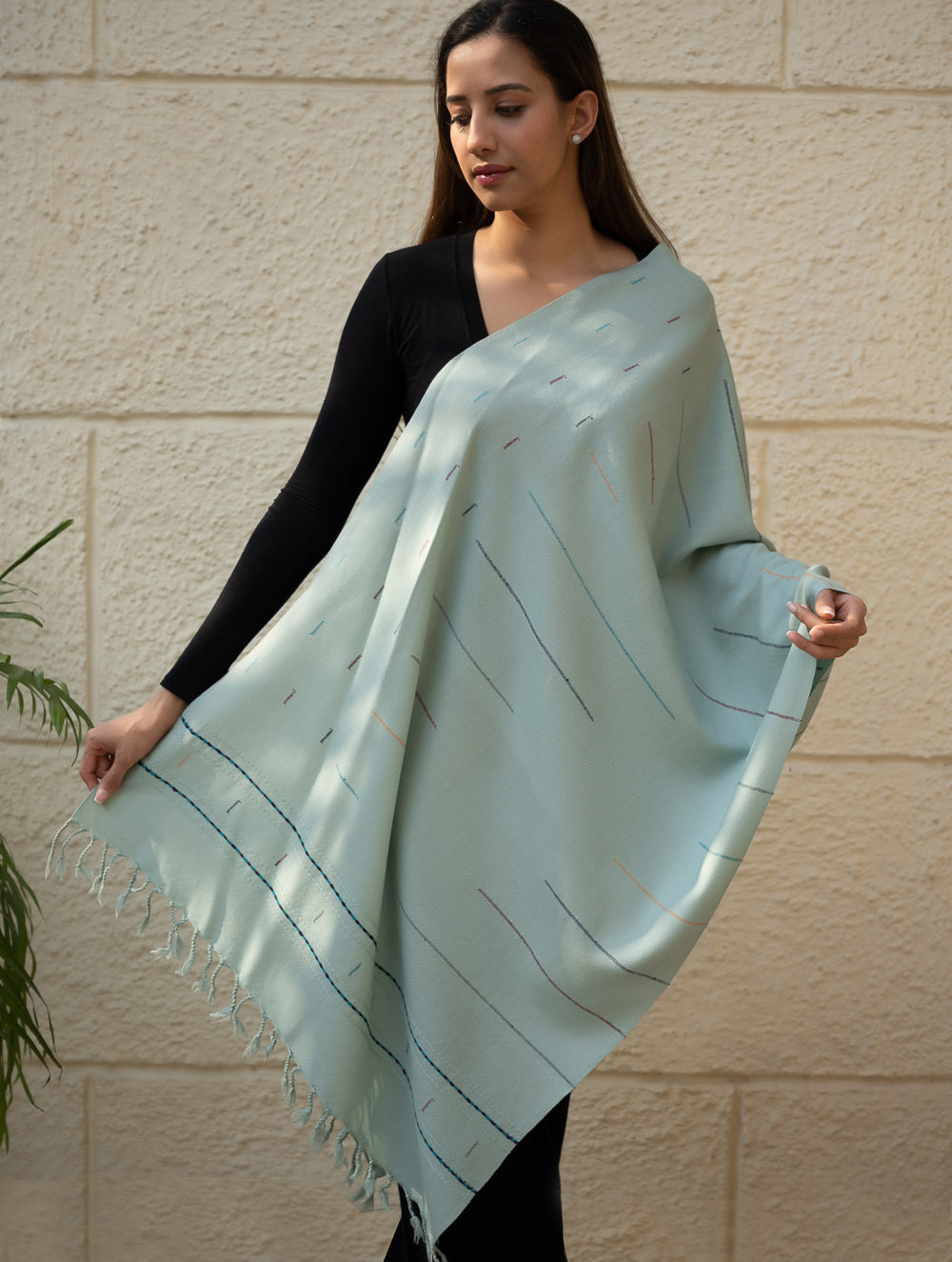 Load image into Gallery viewer, Light &amp; Warm Merino Wool Kinnauri Stole - Cool Mist 