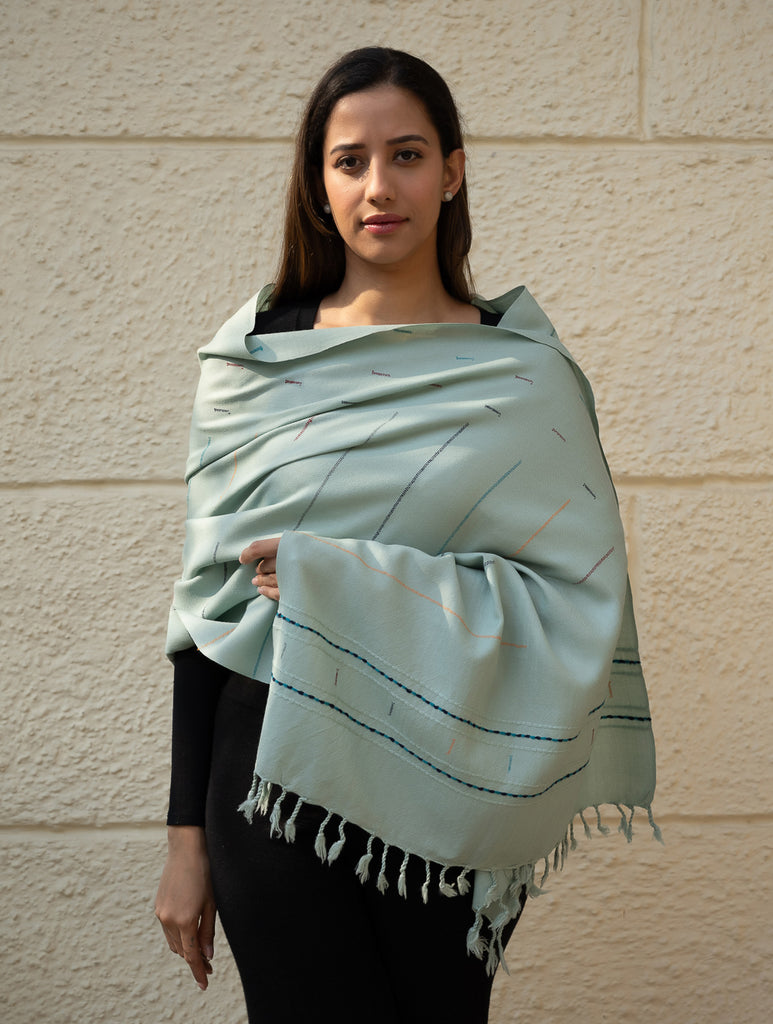 Light & Warm Merino Wool Kinnauri Stole - Cool Mist 
