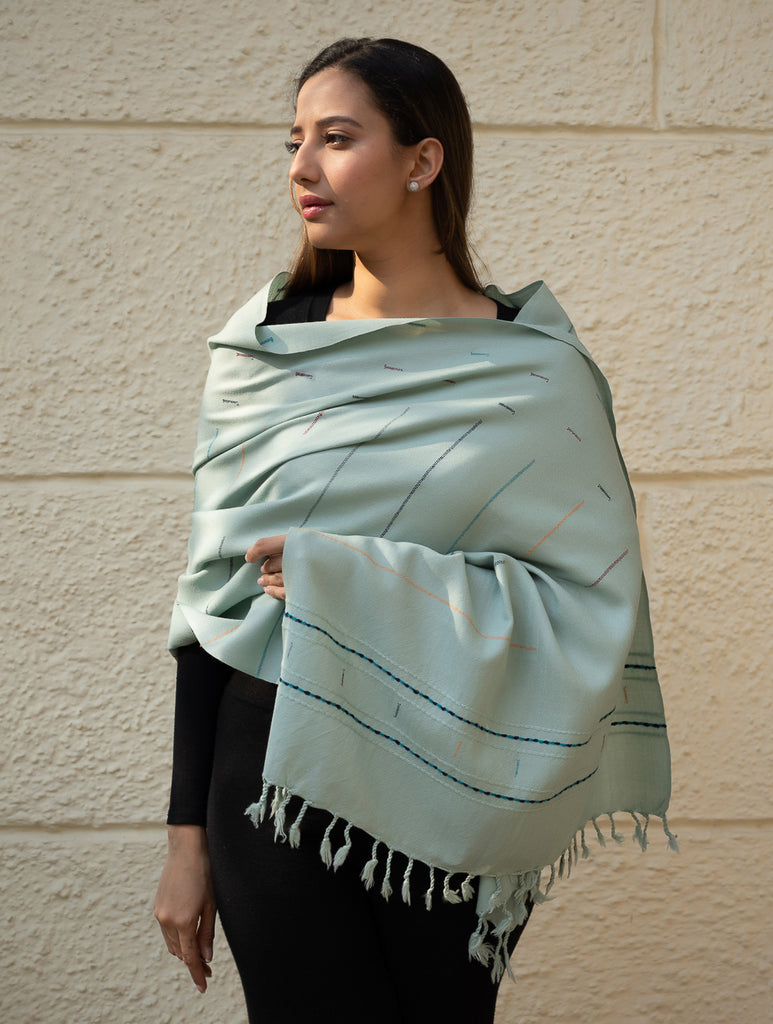Light & Warm Merino Wool Kinnauri Stole - Cool Mist 