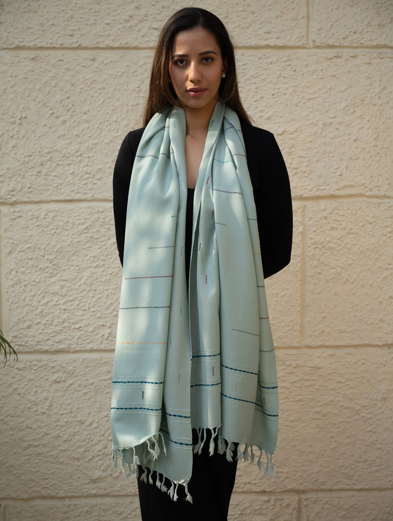 Light & Warm Merino Wool Kinnauri Stole - Cool Mist 