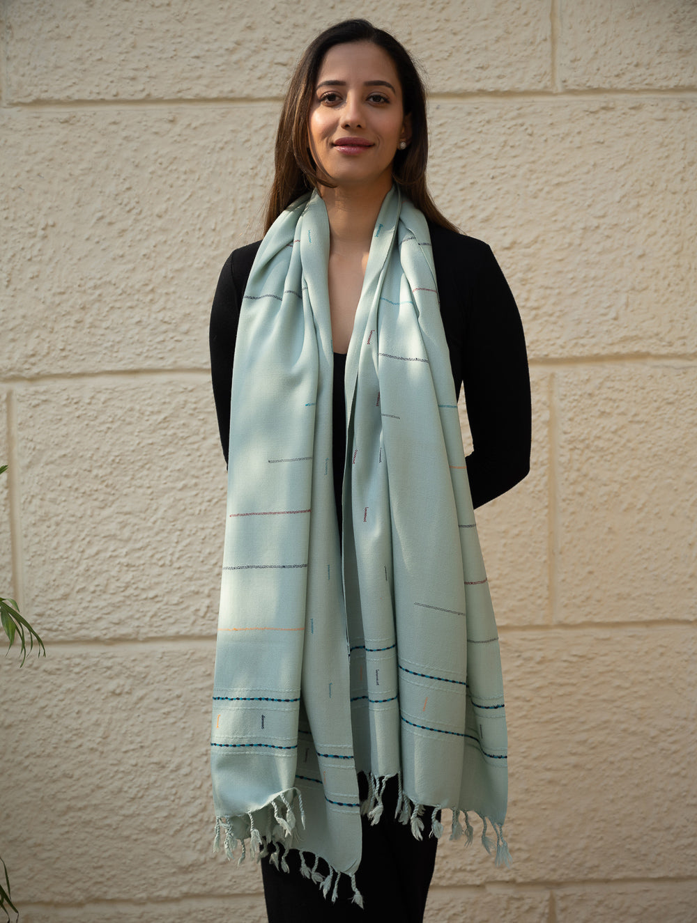 Load image into Gallery viewer, Light &amp; Warm Merino Wool Kinnauri Stole - Cool Mist 