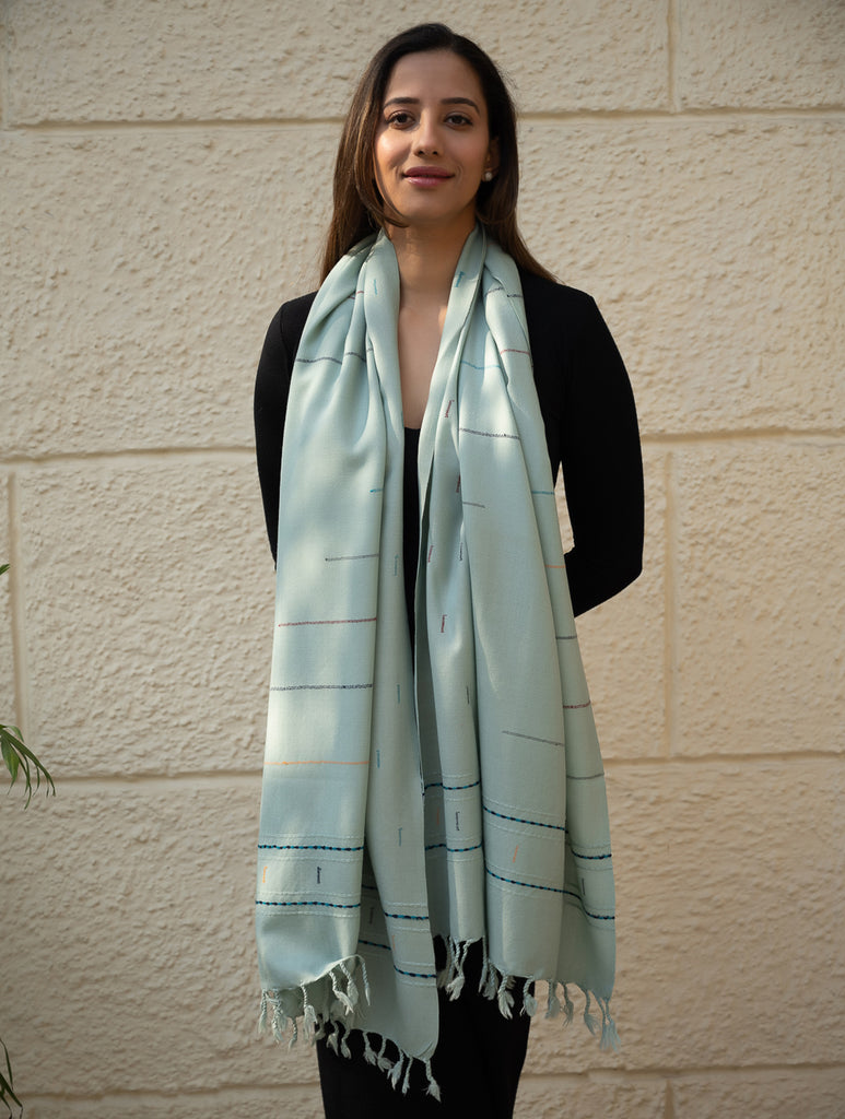 Light & Warm Merino Wool Kinnauri Stole - Cool Mist 
