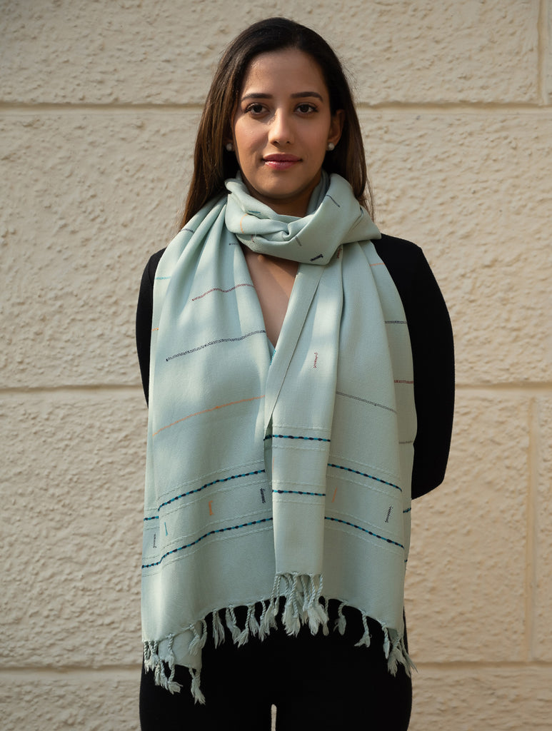 Light & Warm Merino Wool Kinnauri Stole - Cool Mist 