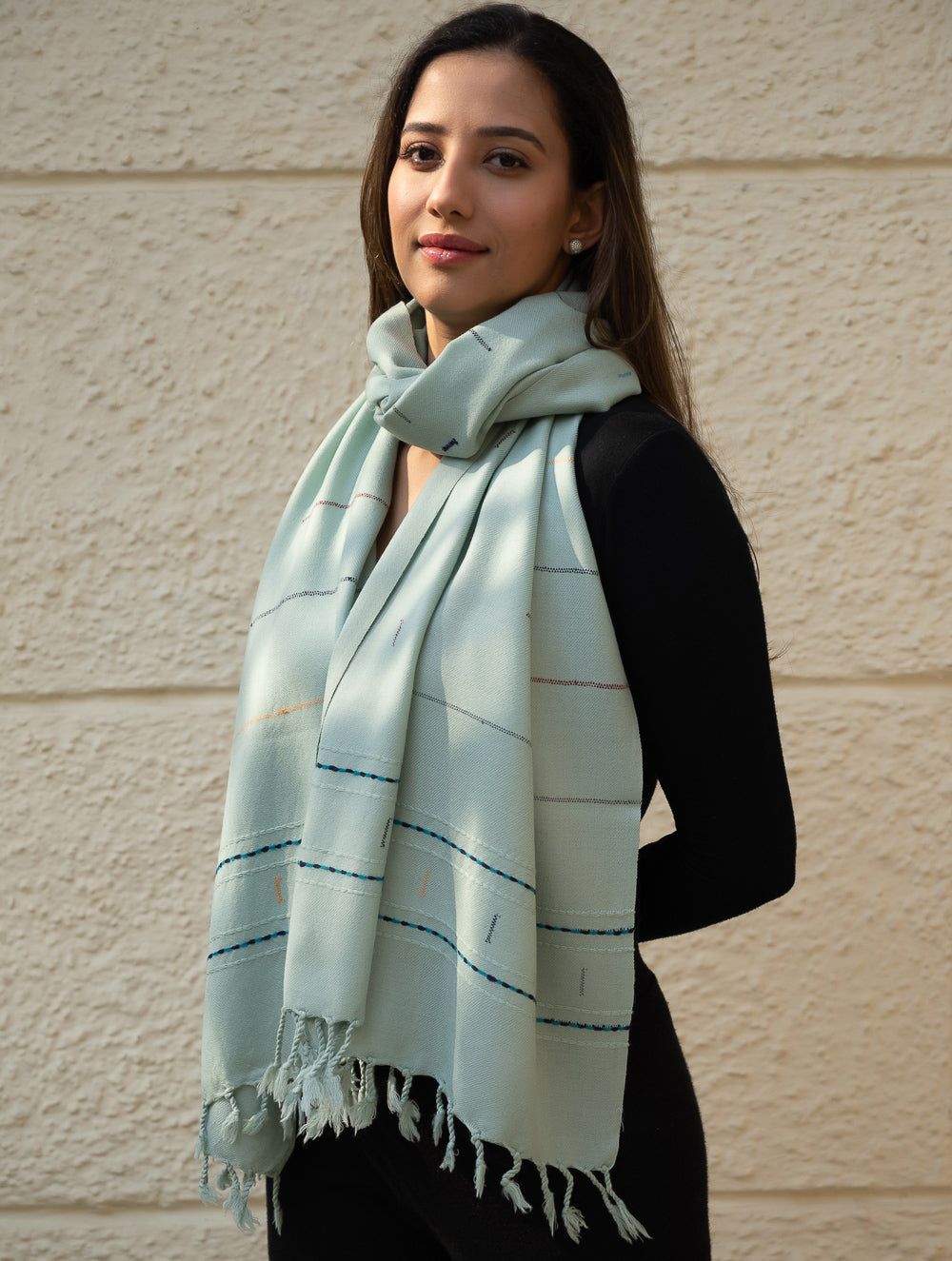 Load image into Gallery viewer, Light &amp; Warm Merino Wool Kinnauri Stole - Cool Mist 