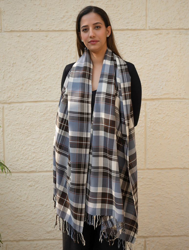 Light & Warm Merino Wool Kinnauri Stole - Frozen Grid