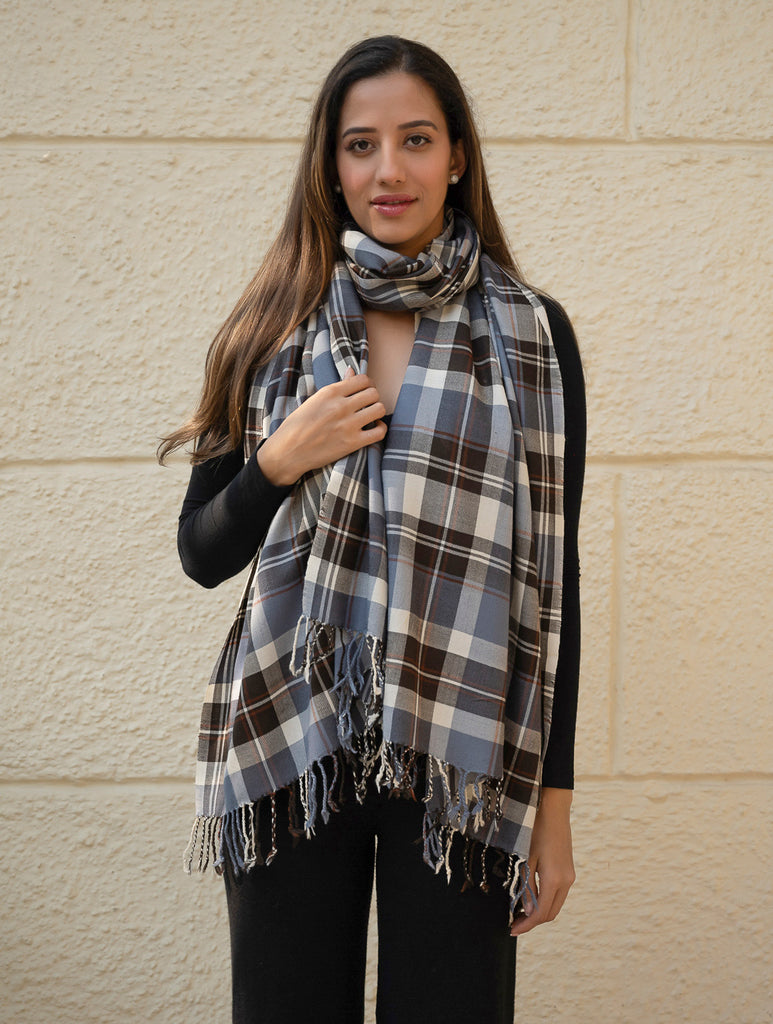 Light & Warm Merino Wool Kinnauri Stole - Frozen Grid