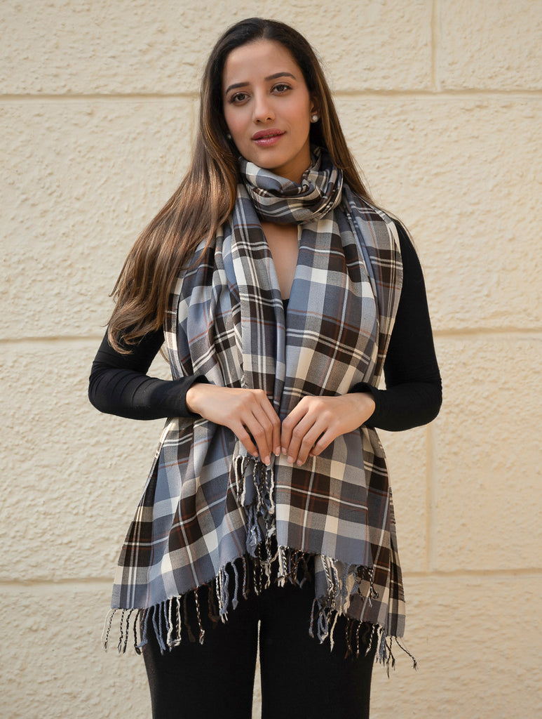 Light & Warm Merino Wool Kinnauri Stole - Frozen Grid