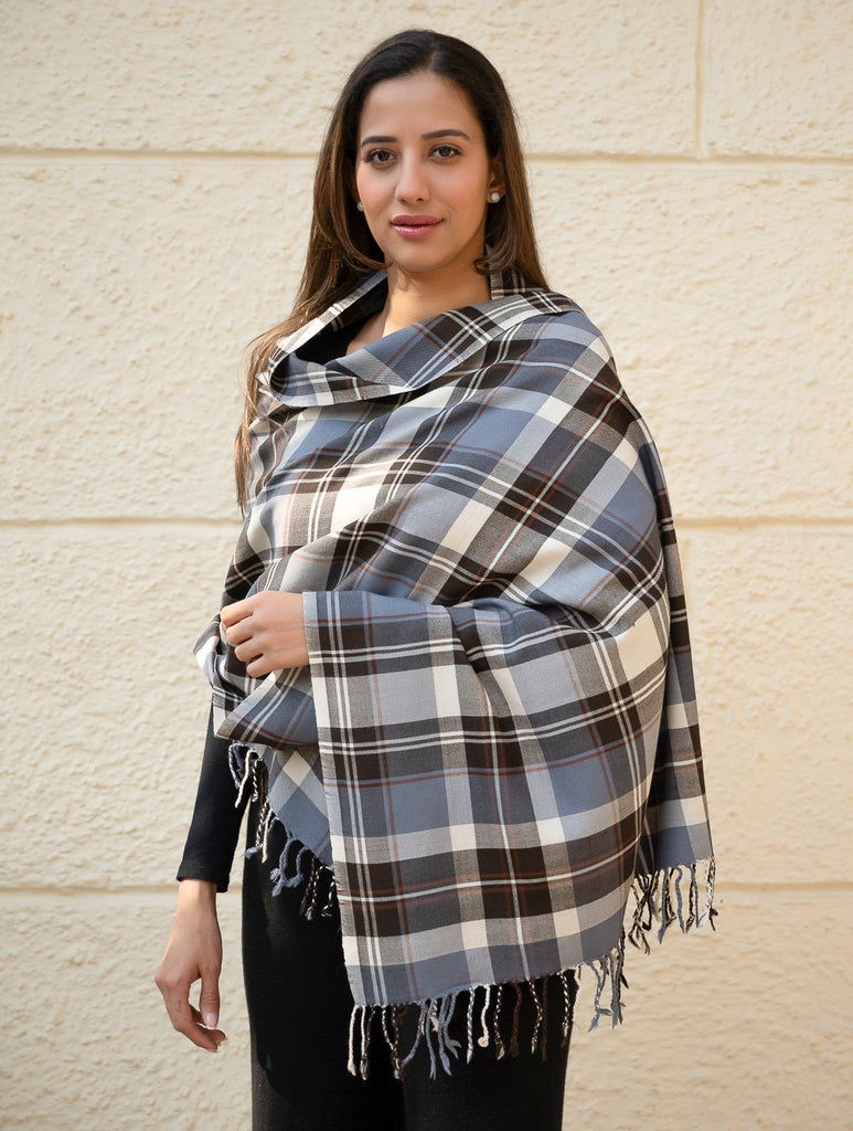 Light & Warm Merino Wool Kinnauri Stole - Frozen Grid