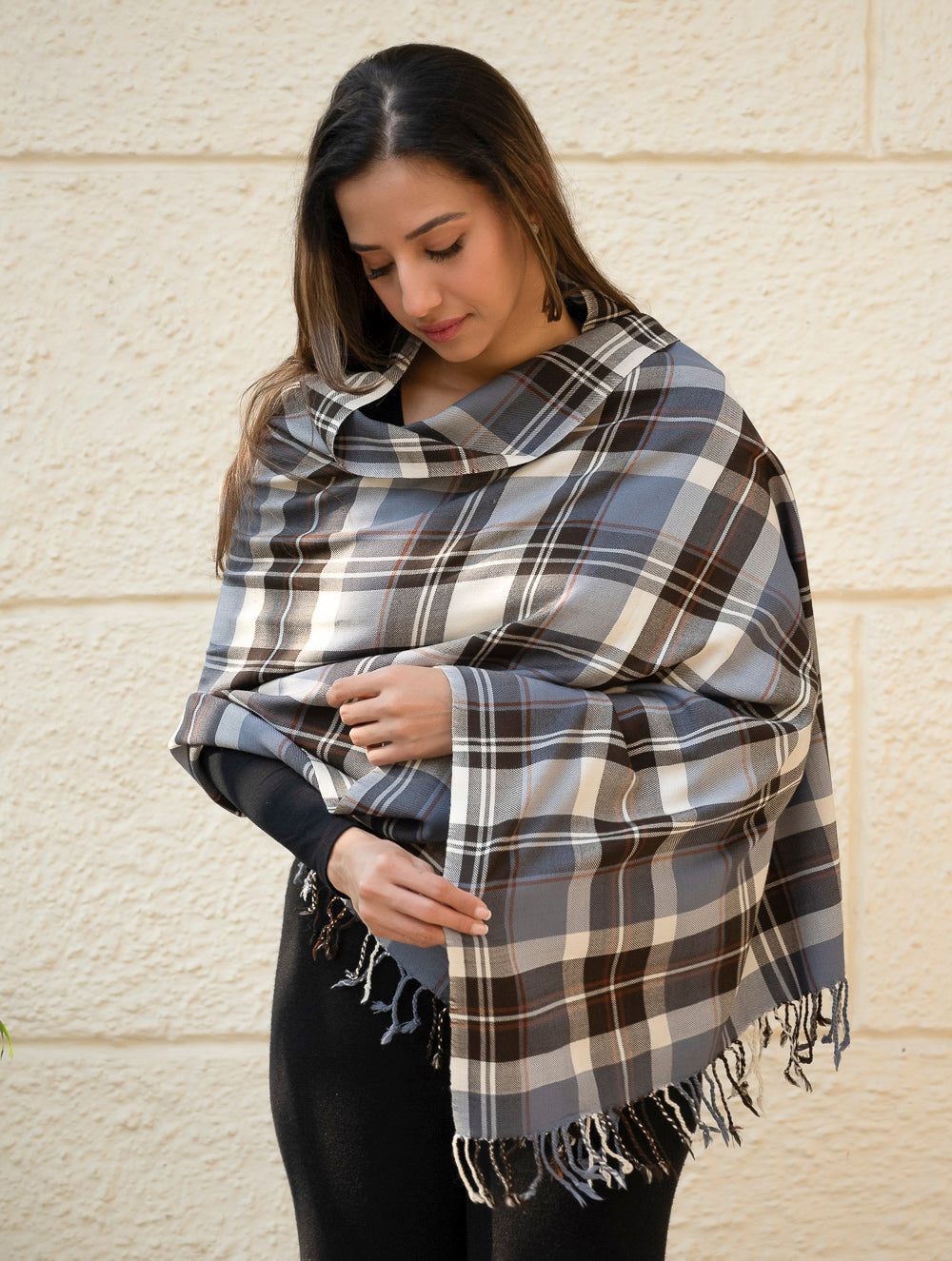 Light & Warm Merino Wool Kinnauri Stole - Frozen Grid