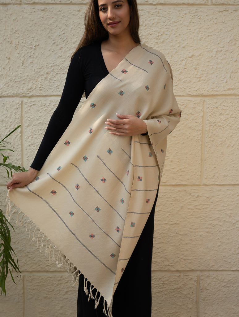 Light & Warm Merino Wool Kinnauri Stole - Ivory Meadow