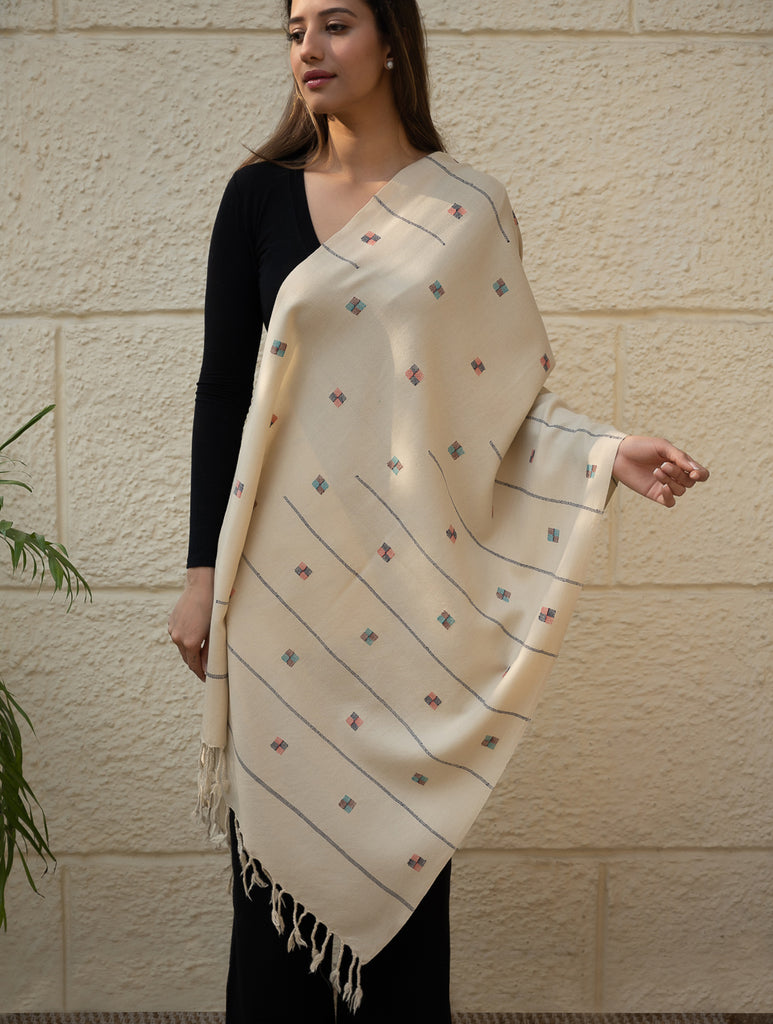 Light & Warm Merino Wool Kinnauri Stole - Ivory Meadow