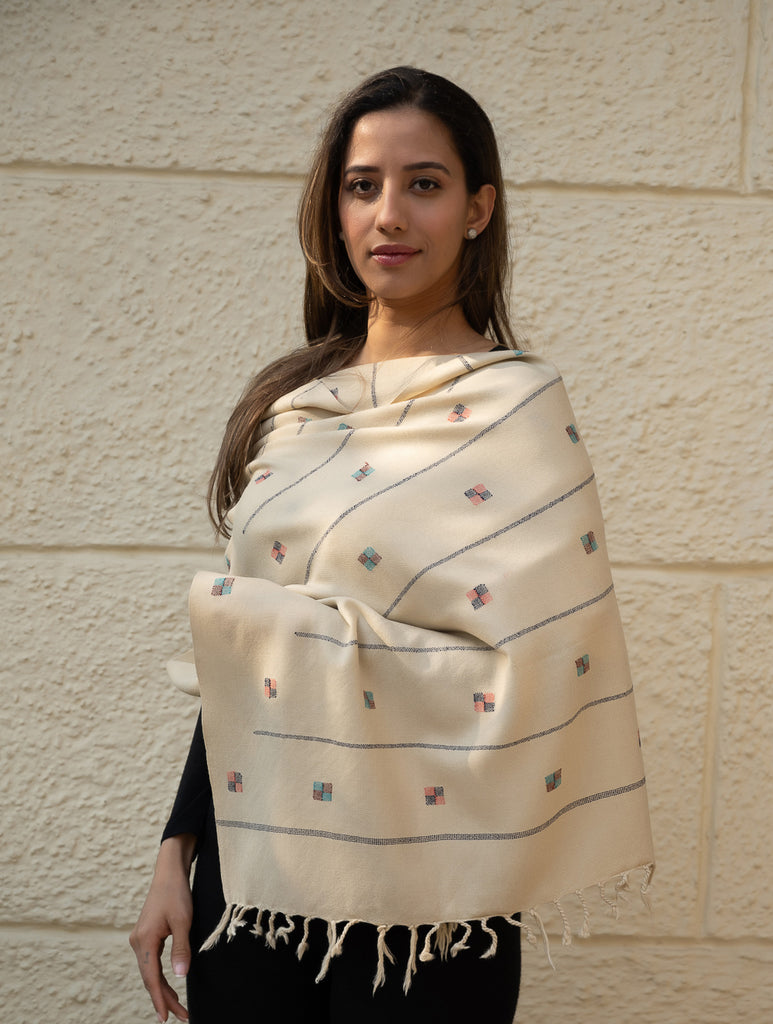 Light & Warm Merino Wool Kinnauri Stole - Ivory Meadow