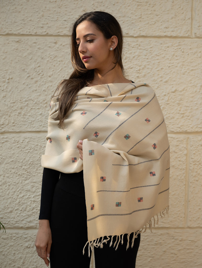 Light & Warm Merino Wool Kinnauri Stole - Ivory Meadow