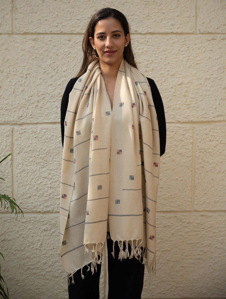 Light & Warm Merino Wool Kinnauri Stole - Ivory Meadow