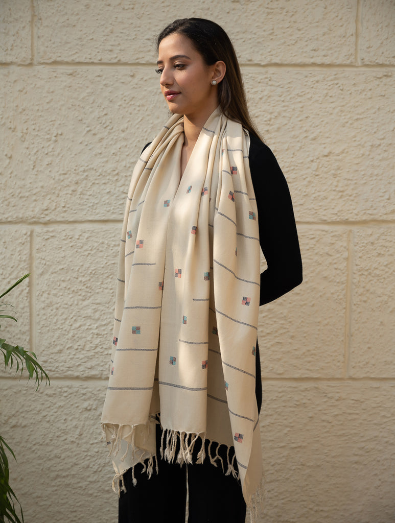Light & Warm Merino Wool Kinnauri Stole - Ivory Meadow