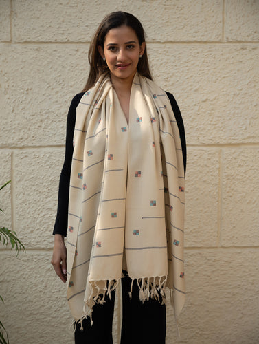Light & Warm Merino Wool Kinnauri Stole - Ivory Meadow