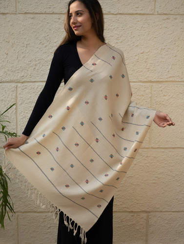 Light & Warm Merino Wool Kinnauri Stole - Ivory Meadow