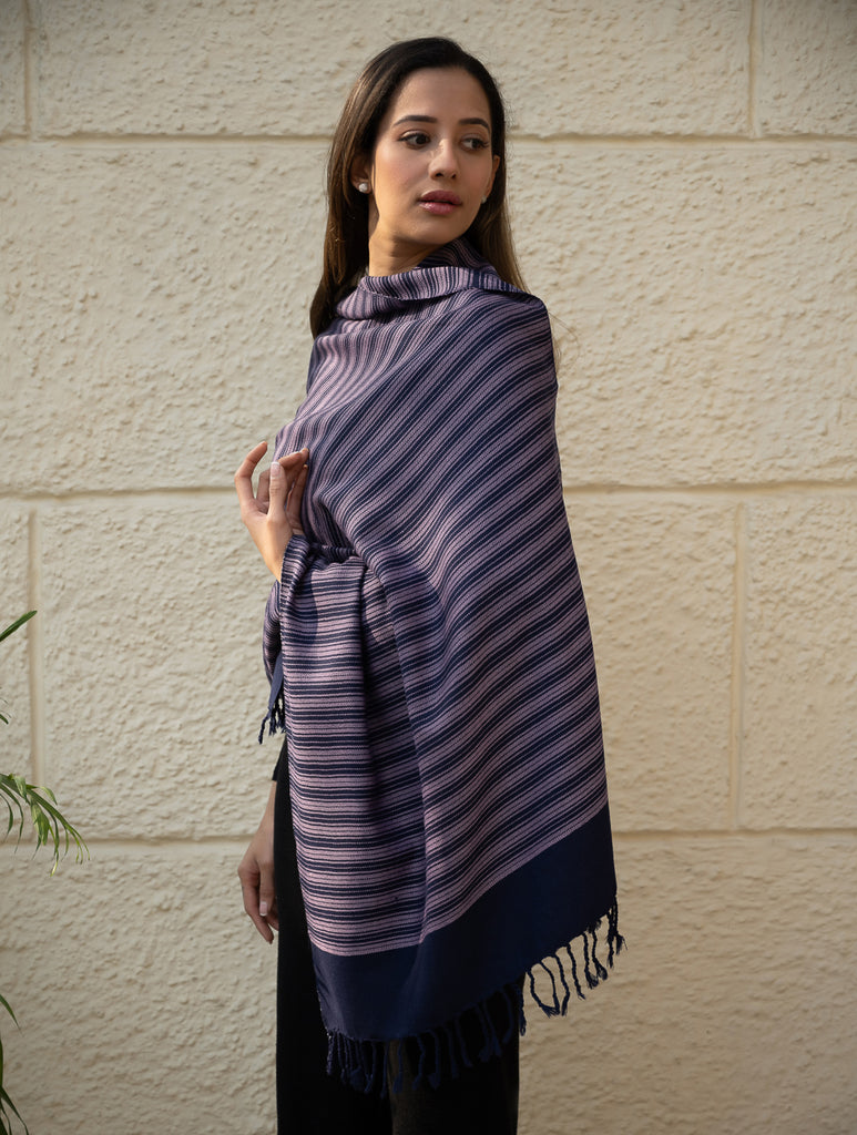 Light & Warm Merino Wool Kinnauri Stole - Midnight Duet