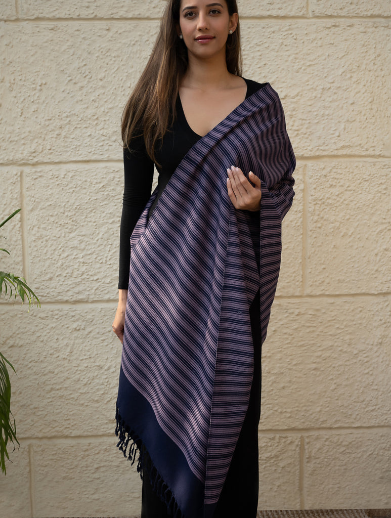 Light & Warm Merino Wool Kinnauri Stole - Midnight Duet