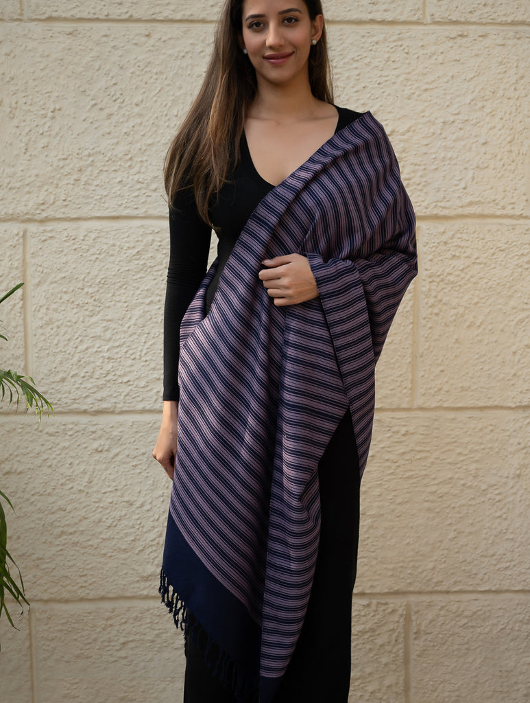 Light & Warm Merino Wool Kinnauri Stole - Midnight Duet