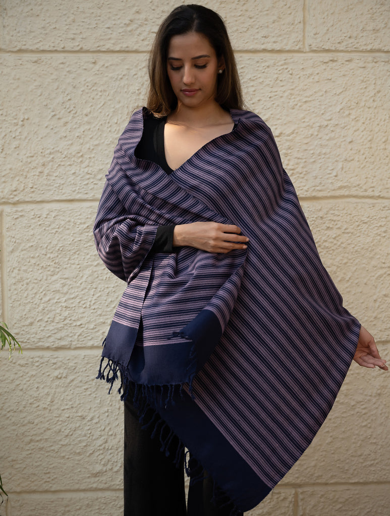 Light & Warm Merino Wool Kinnauri Stole - Midnight Duet