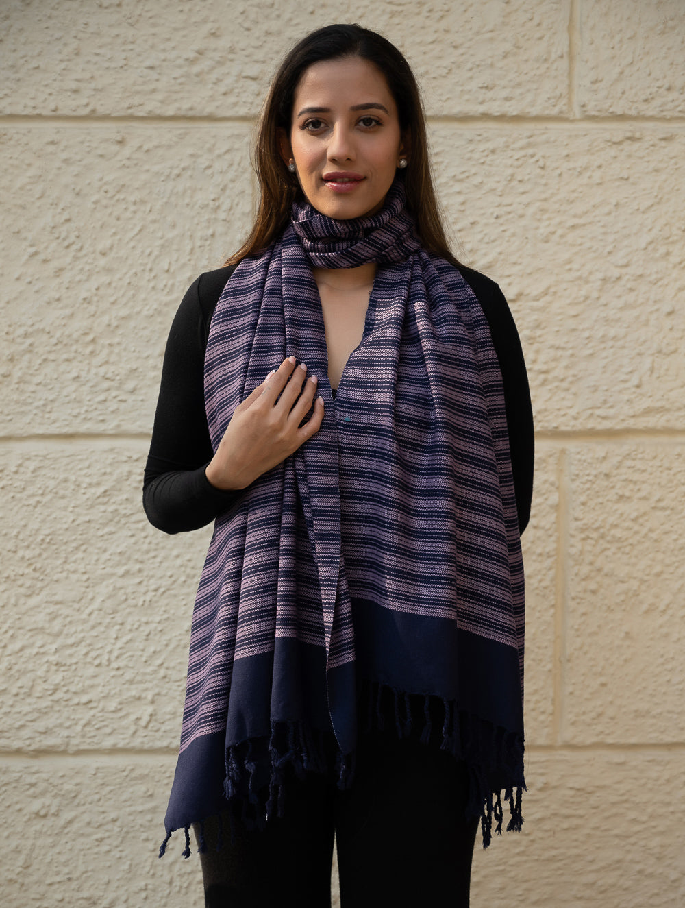 Load image into Gallery viewer, Light &amp; Warm Merino Wool Kinnauri Stole - Midnight Duet