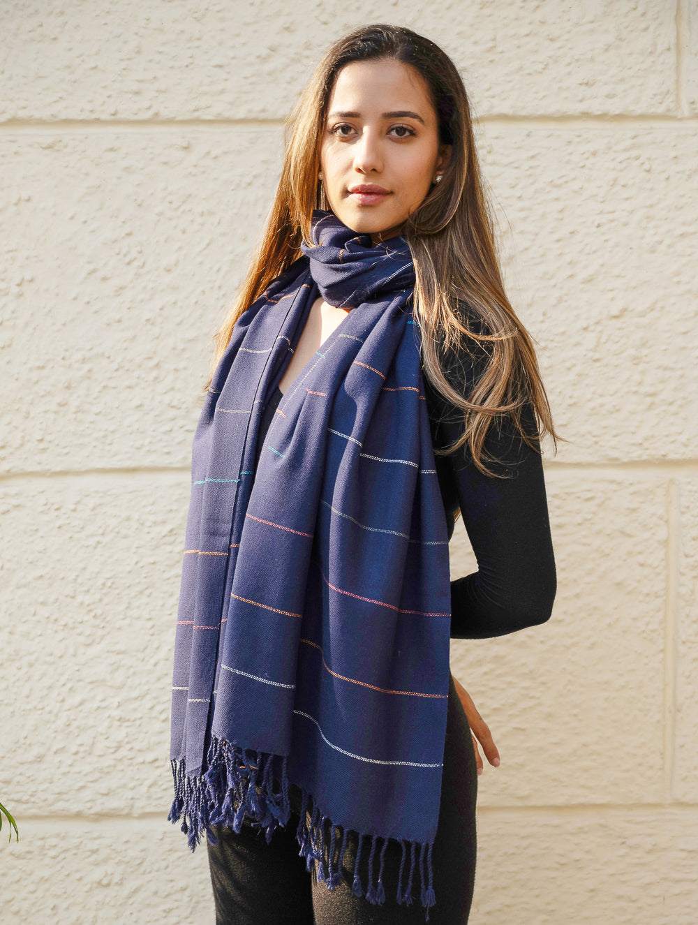 Light & Warm Merino Wool Kinnauri Stole - Midnight Link