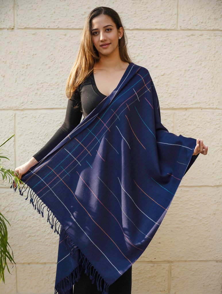 Light & Warm Merino Wool Kinnauri Stole - Midnight Link