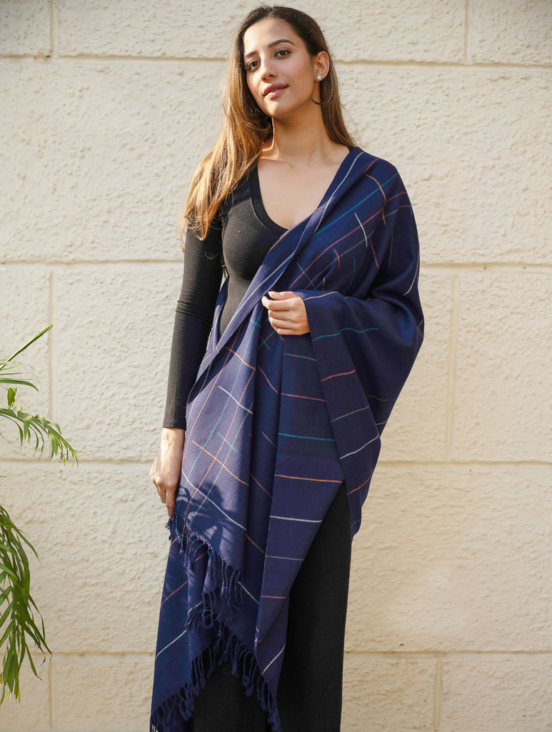 Light & Warm Merino Wool Kinnauri Stole - Midnight Link