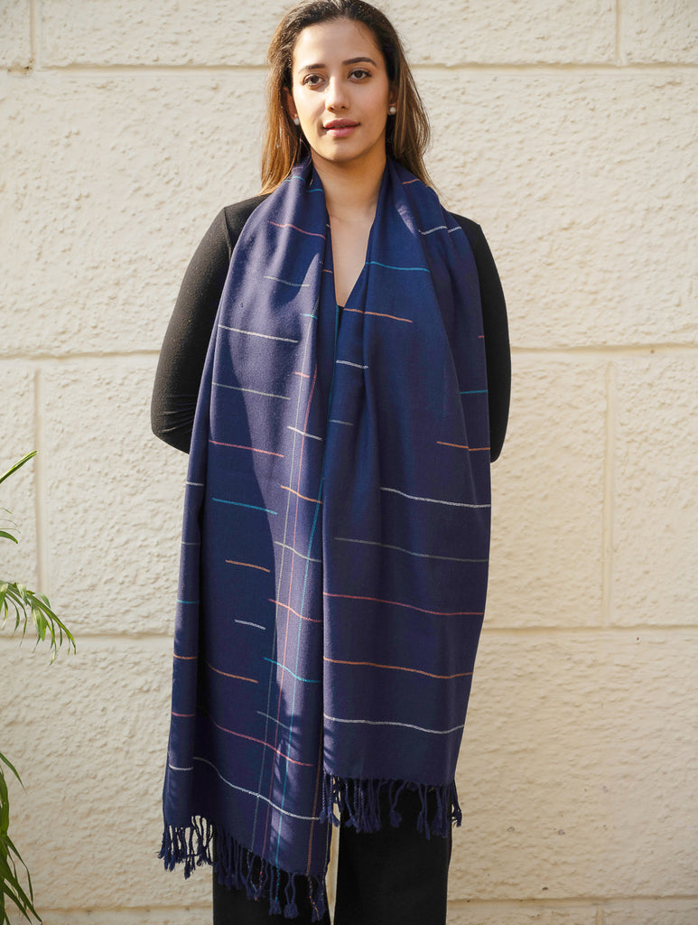 Light & Warm Merino Wool Kinnauri Stole - Midnight Link