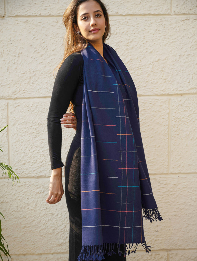 Light & Warm Merino Wool Kinnauri Stole - Midnight Link