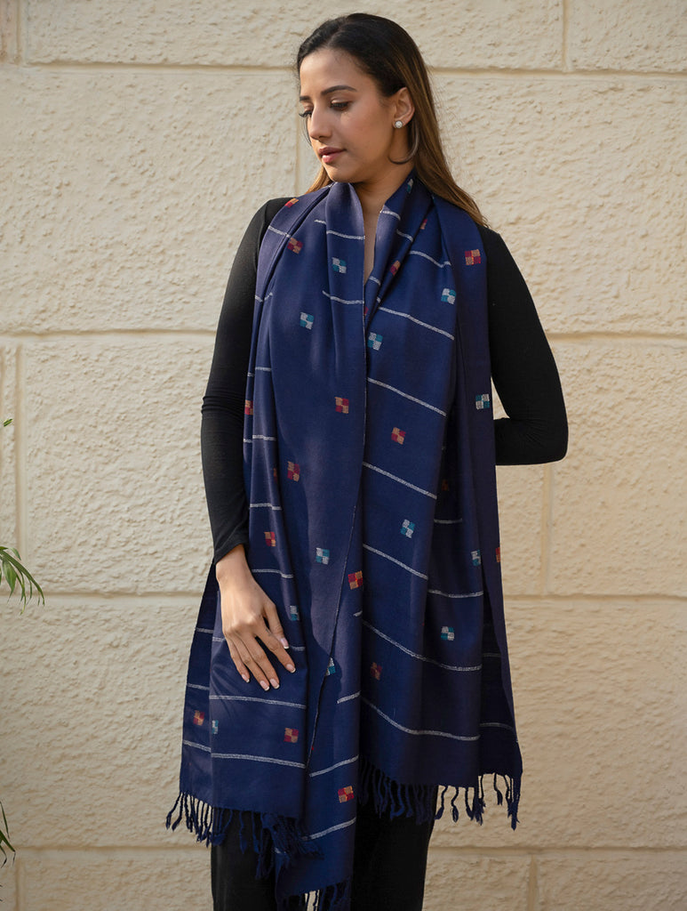 Light & Warm Merino Wool Kinnauri Stole - Midnight Meadow 