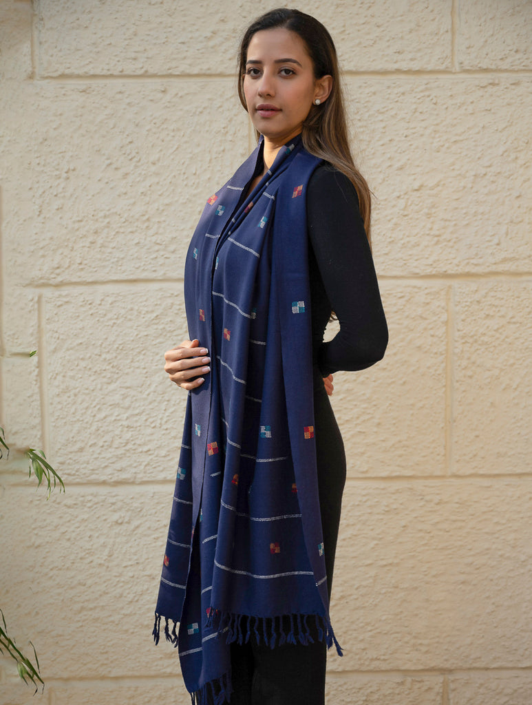 Light & Warm Merino Wool Kinnauri Stole - Midnight Meadow 