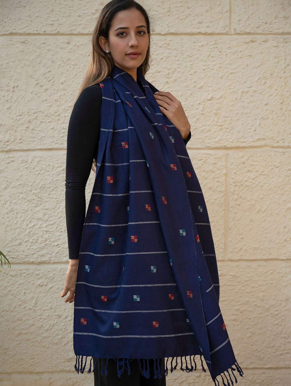 Load image into Gallery viewer, Light &amp; Warm Merino Wool Kinnauri Stole - Midnight Meadow 