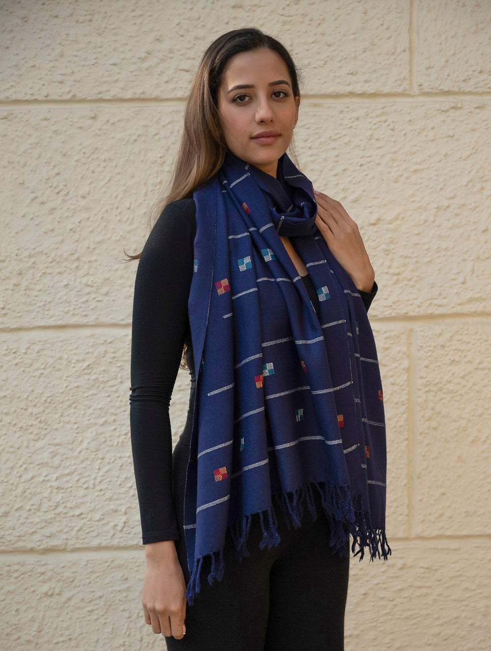 Load image into Gallery viewer, Light &amp; Warm Merino Wool Kinnauri Stole - Midnight Meadow 
