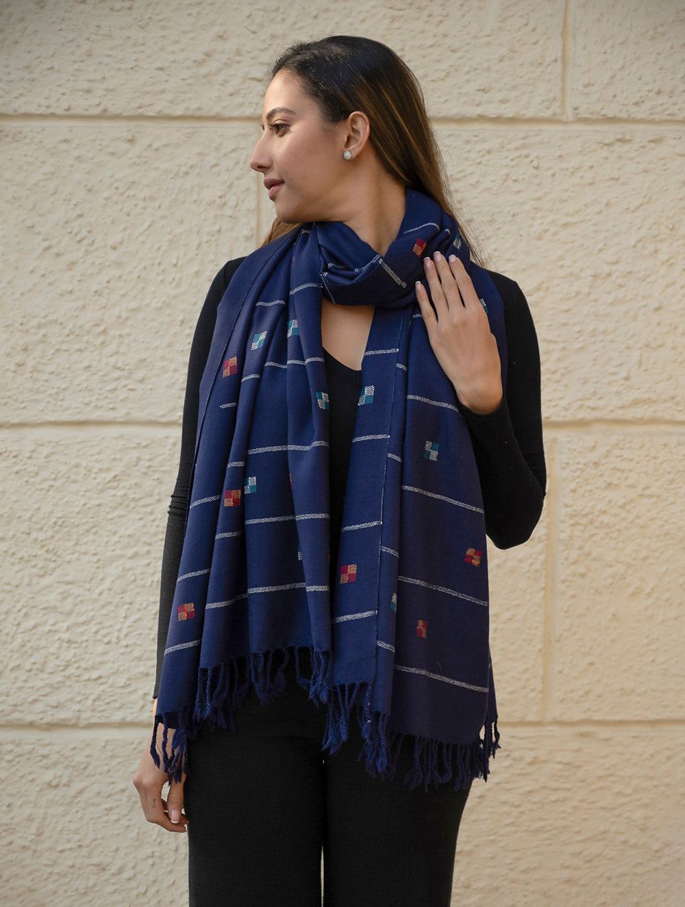 Light & Warm Merino Wool Kinnauri Stole - Midnight Meadow 