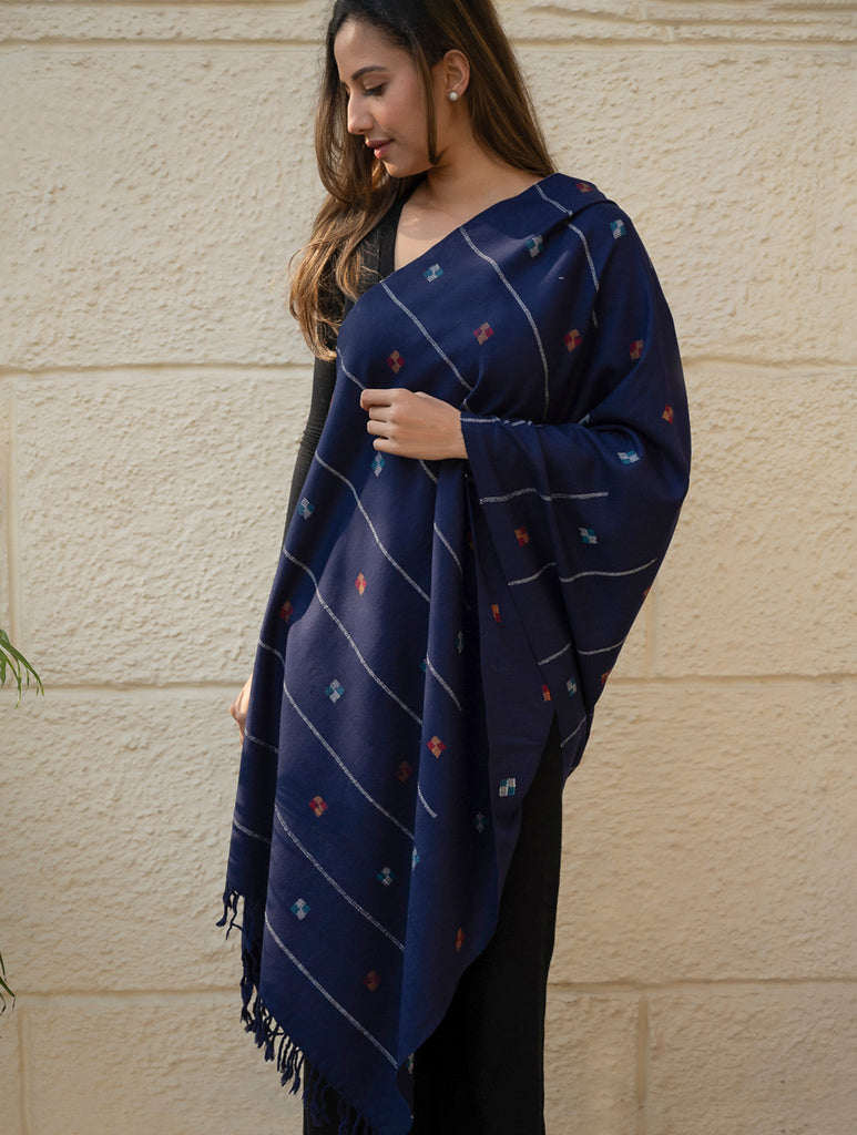 Light & Warm Merino Wool Kinnauri Stole - Midnight Meadow 