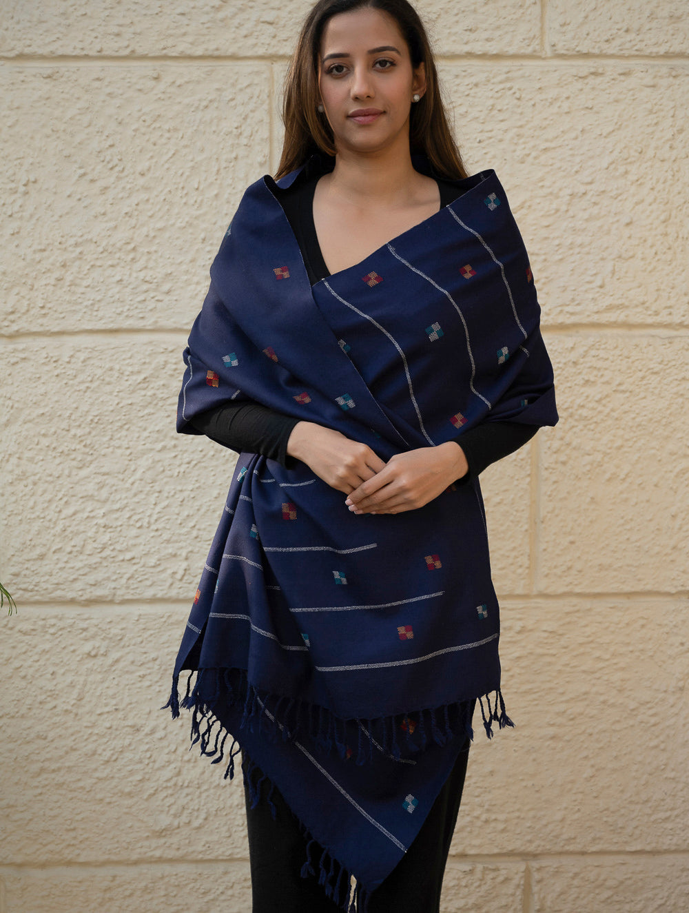 Load image into Gallery viewer, Light &amp; Warm Merino Wool Kinnauri Stole - Midnight Meadow 