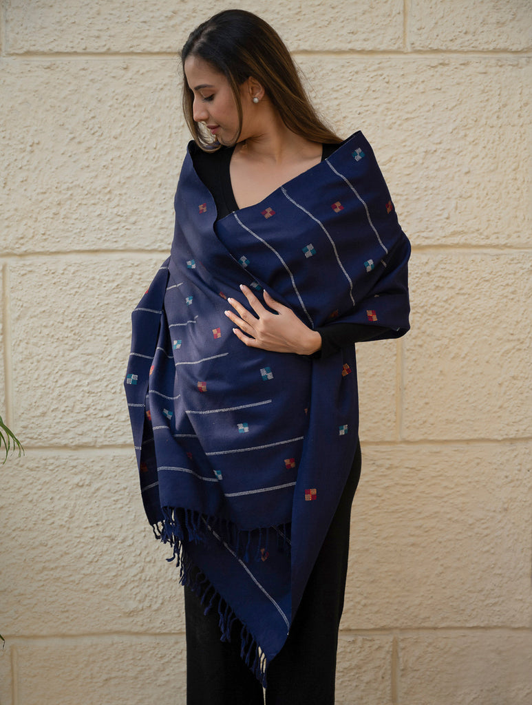 Light & Warm Merino Wool Kinnauri Stole - Midnight Meadow 