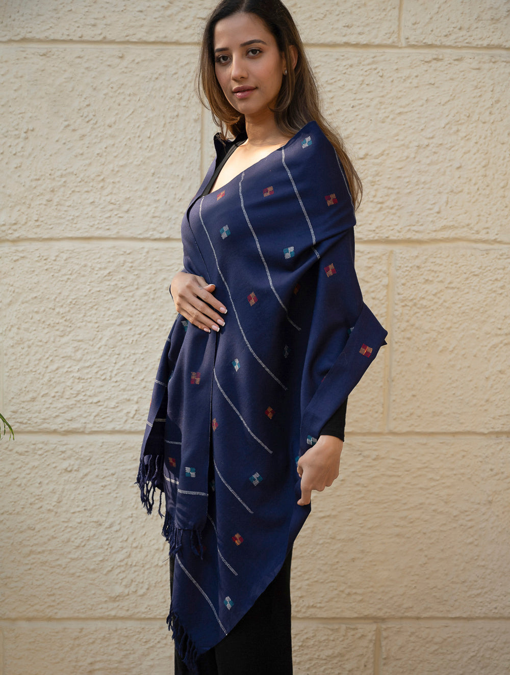 Load image into Gallery viewer, Light &amp; Warm Merino Wool Kinnauri Stole - Midnight Meadow 