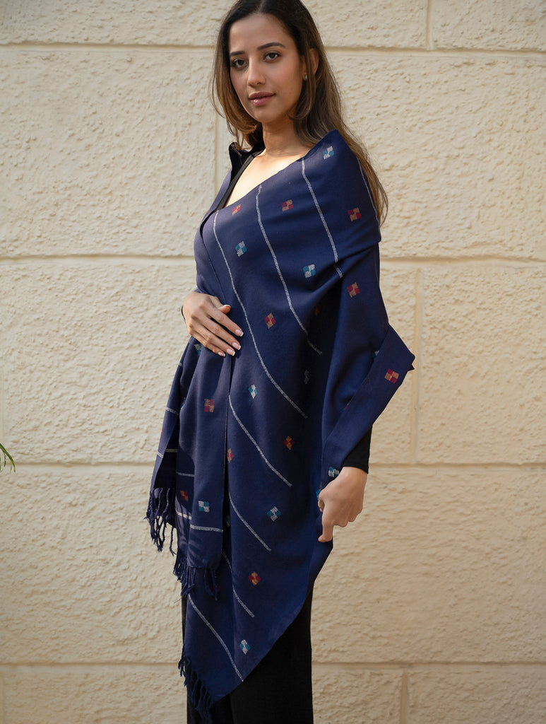 Light & Warm Merino Wool Kinnauri Stole - Midnight Meadow 