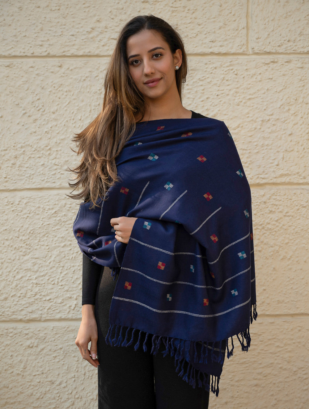Load image into Gallery viewer, Light &amp; Warm Merino Wool Kinnauri Stole - Midnight Meadow 