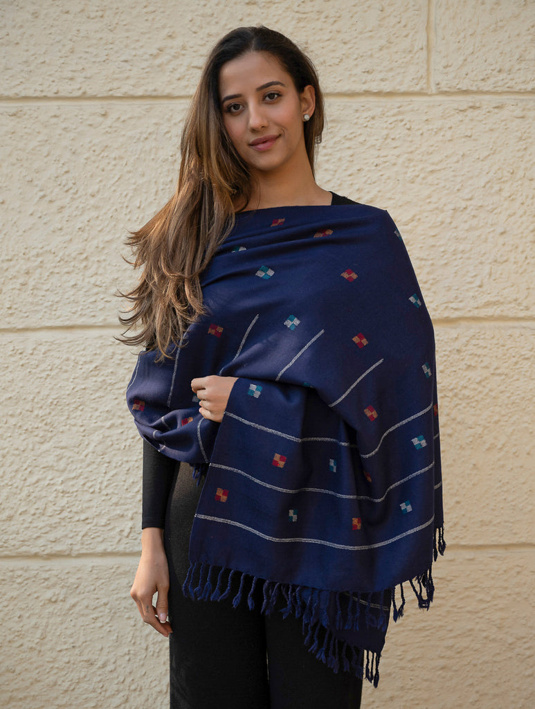 Light & Warm Merino Wool Kinnauri Stole - Midnight Meadow 