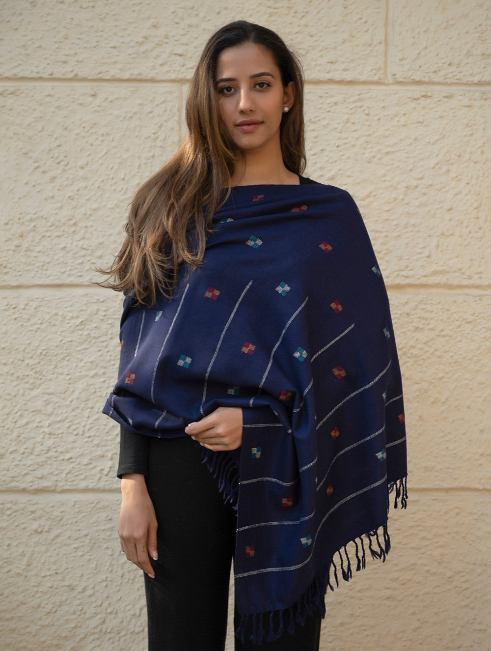 Load image into Gallery viewer, Light &amp; Warm Merino Wool Kinnauri Stole - Midnight Meadow 