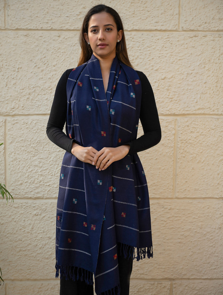 Light & Warm Merino Wool Kinnauri Stole - Midnight Meadow 