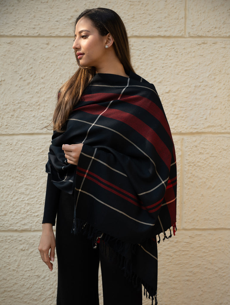 Light & Warm Merino Wool Kinnauri Stole - Molten Night