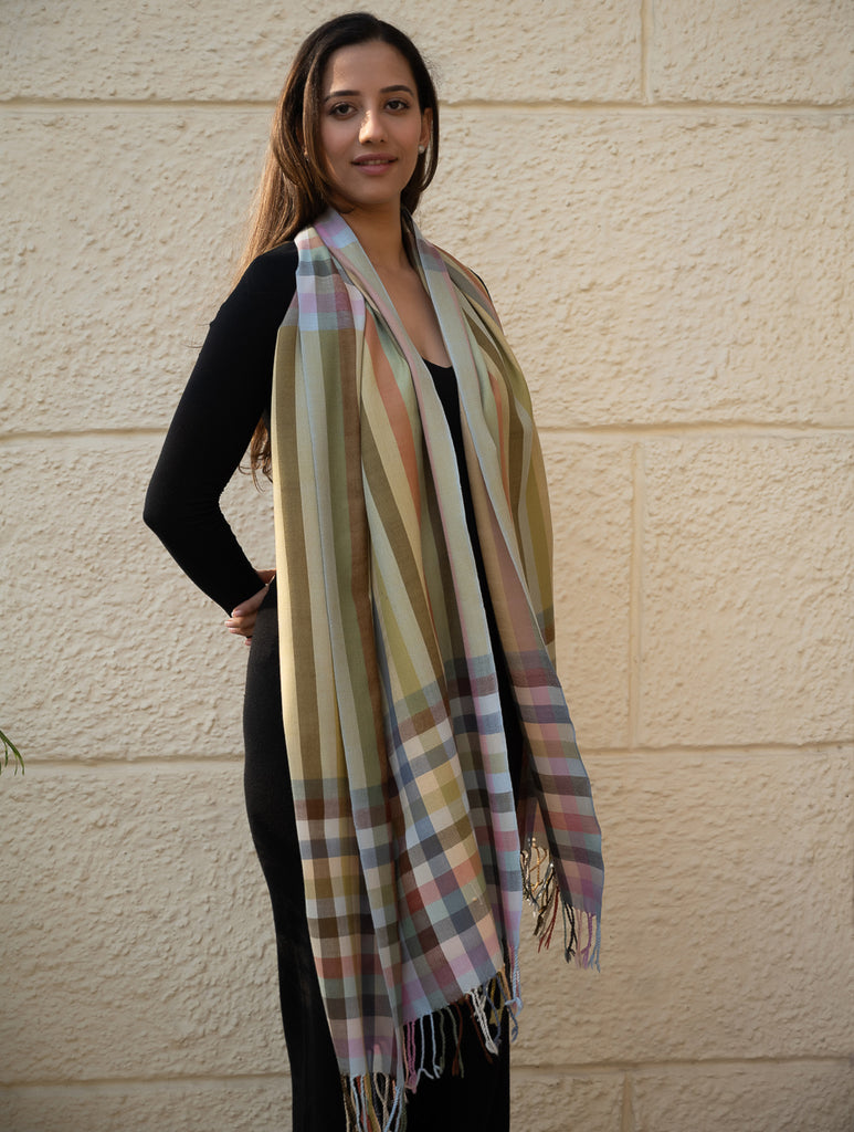 Light & Warm Merino Wool Kinnauri Stole - Sage Veil